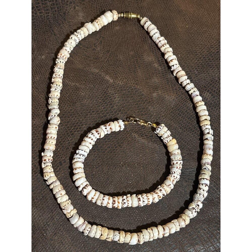 Vintage Hawaiian Puka Shell Choker Necklace with bracelet set combo 16"‎ & 7"